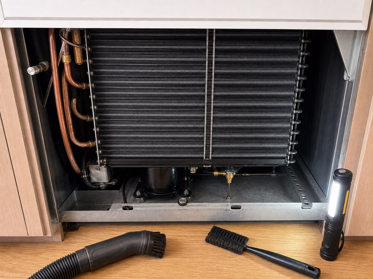 Cleaned Sub-Zero condenser coil after dust and pet hair removal
