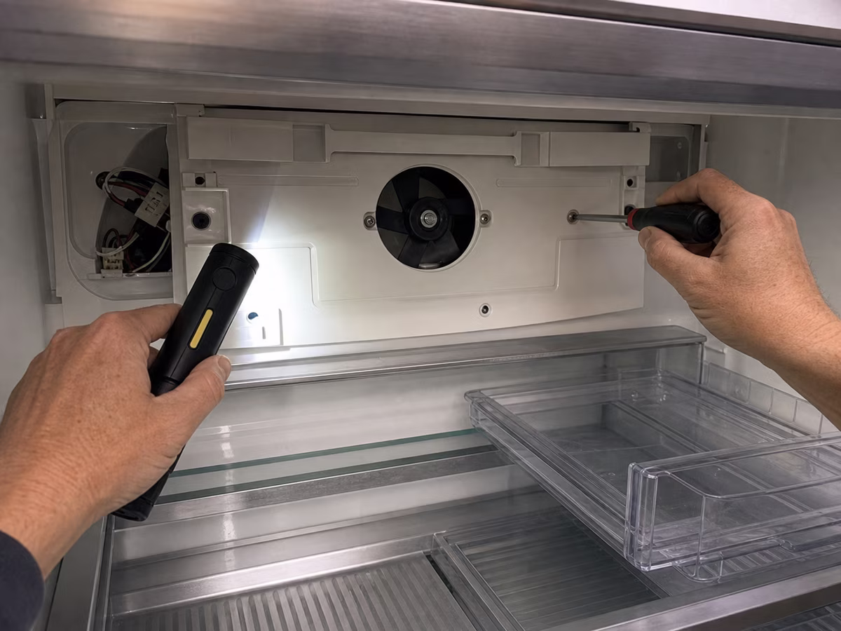 Sub-Zero evaporator fan area inspected during a not-cooling diagnosis