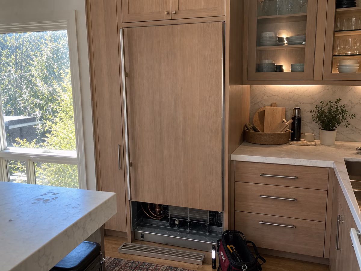 Built-in Sub-Zero refrigeration in a Mill Valley kitchen with custom cabinetry