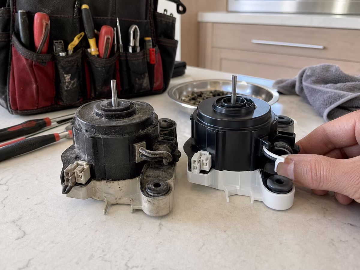 OEM Sub-Zero evaporator fan motor in original packaging next to the failed part
